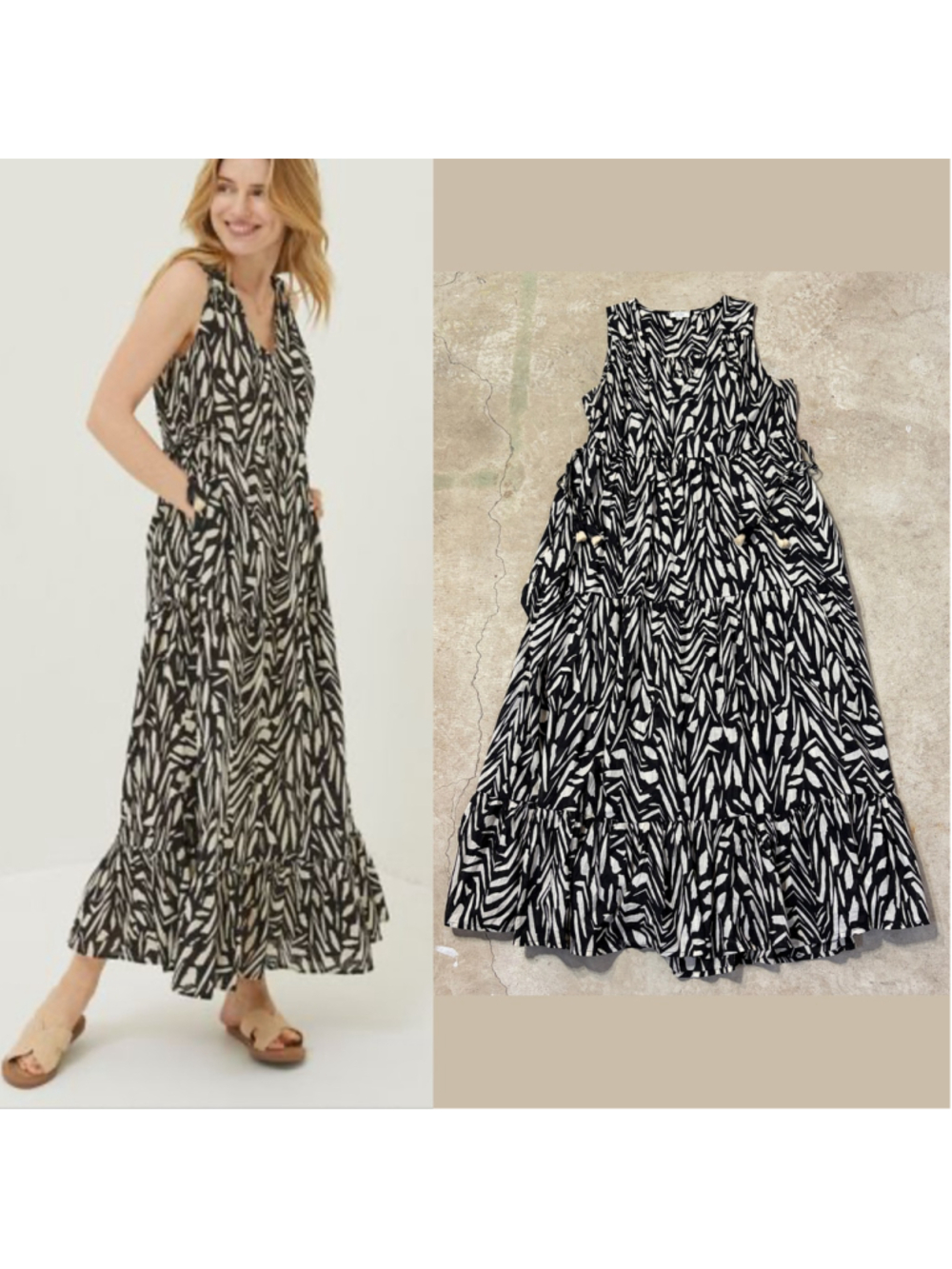 FatFace Paint Stroke Avery Midi Dress Women’s 8 Black White V-Neck Pockets